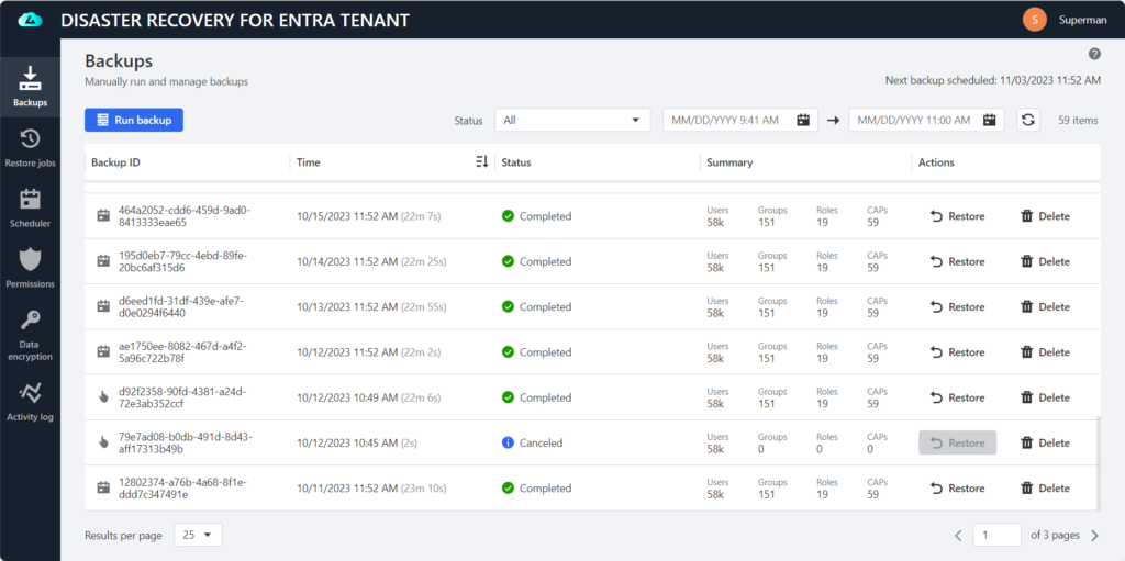 Disaster Recovery for Entra Tenant backup screen